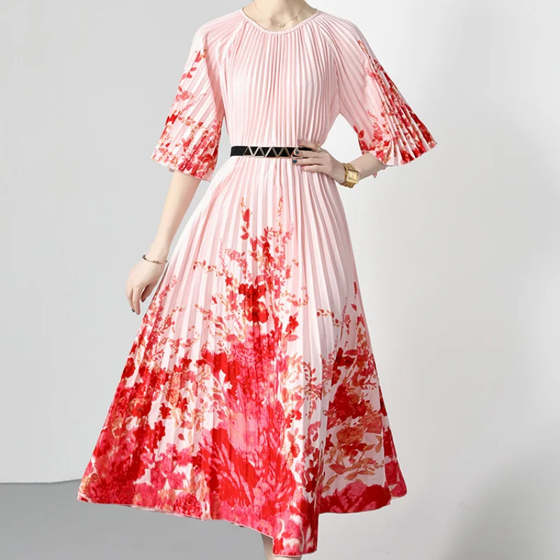 

New Flare Half Sleeve Print Round Neck Dress Summer Chiffon Contrast Color Patchwork Casual Pleated Women's Clothing With Belt