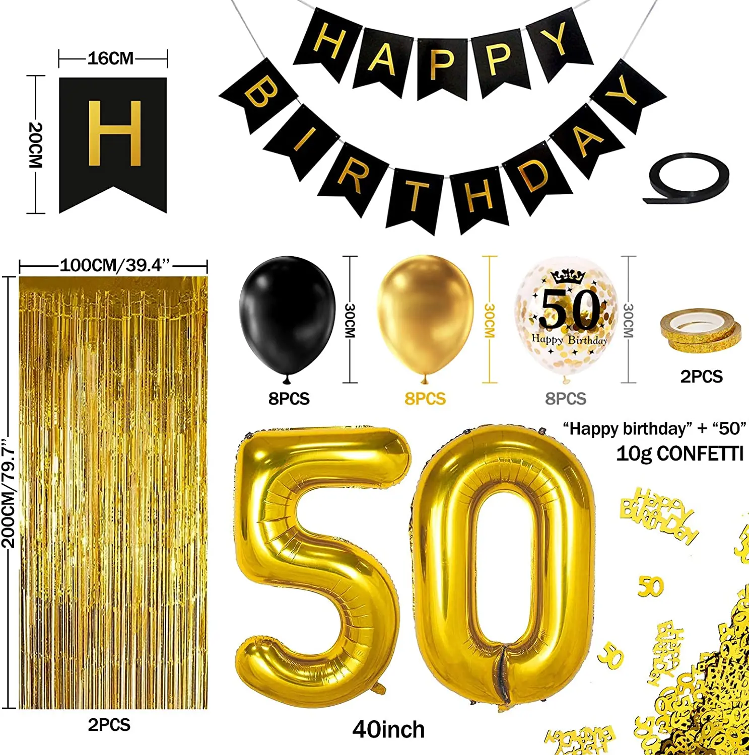 thumbnail image 1 of Decoración para fiesta de cumpleaños número 40 en dorado y negro, pancarta de feliz cumpleaños, globo de helio con número 40 XXL, 2 cortinas con flecos dorados, látex, 1 of 5