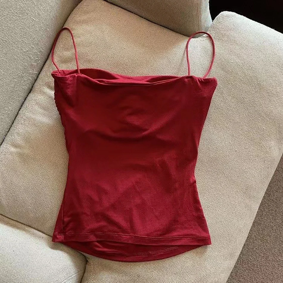 Summer Fashionable Comfortable Girls Solid Color Tank Top Girls Thin Shoulder Strap Pleated Daily Wear Casual Underwear New 2