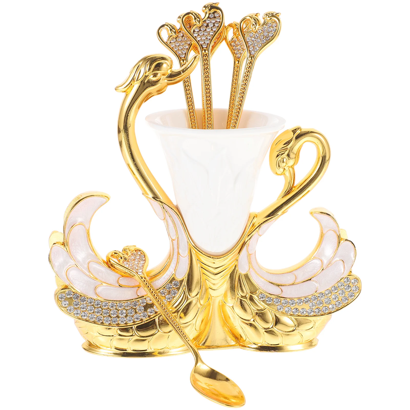 

Swan Fork Base Espresso Coffee Dessert Serving Spoons Suite Fashionable Holder Metal Fruit Scoops