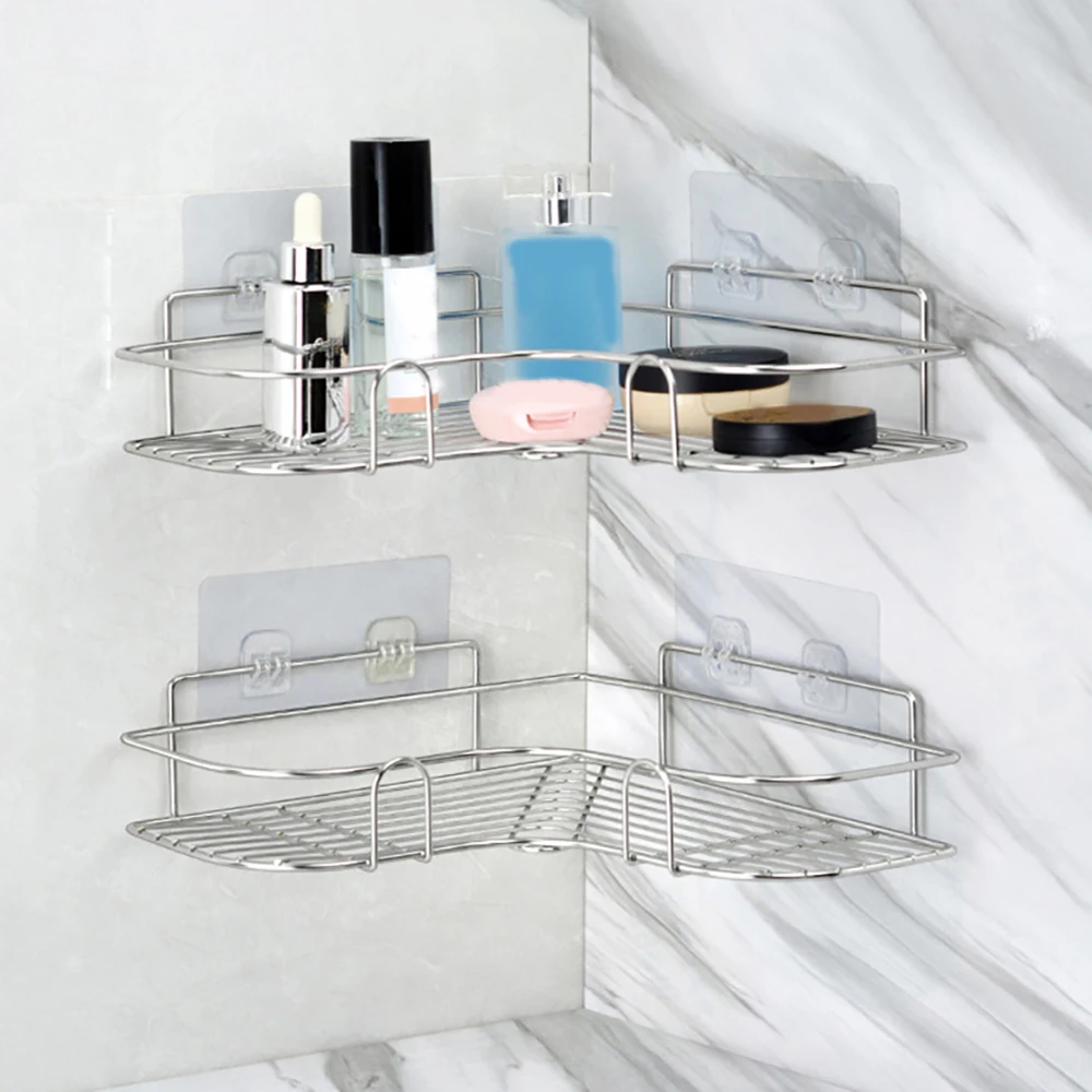 

Stainless Steel Storage Rack Tripod Love Corner Rack Durable Kitchen Bathroom Shelf Free Installation Movable Suction Wall Type
