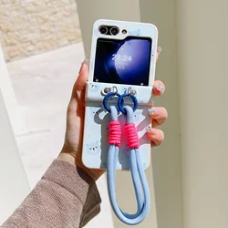 Wrist Strap Cute Bear Happy Face PU Leather Shockproof Phone Case with Hinge Protection for Samsung Galaxy Z Flip 5 (Blue)