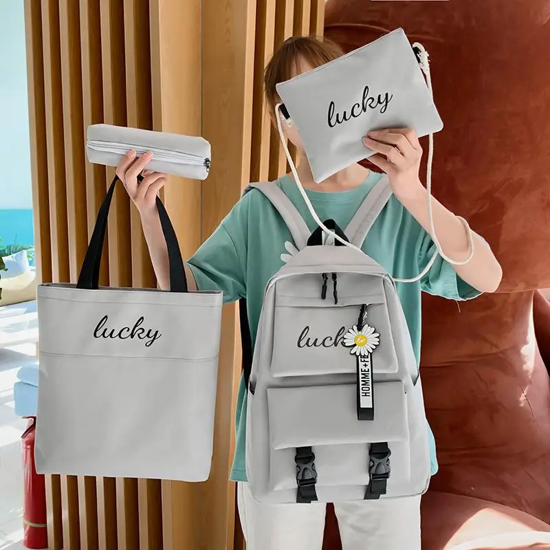 4 PCS New Student Backpack Small Fresh Letters Contrast Color Junior High School Backpack Casual Travel Backpacks