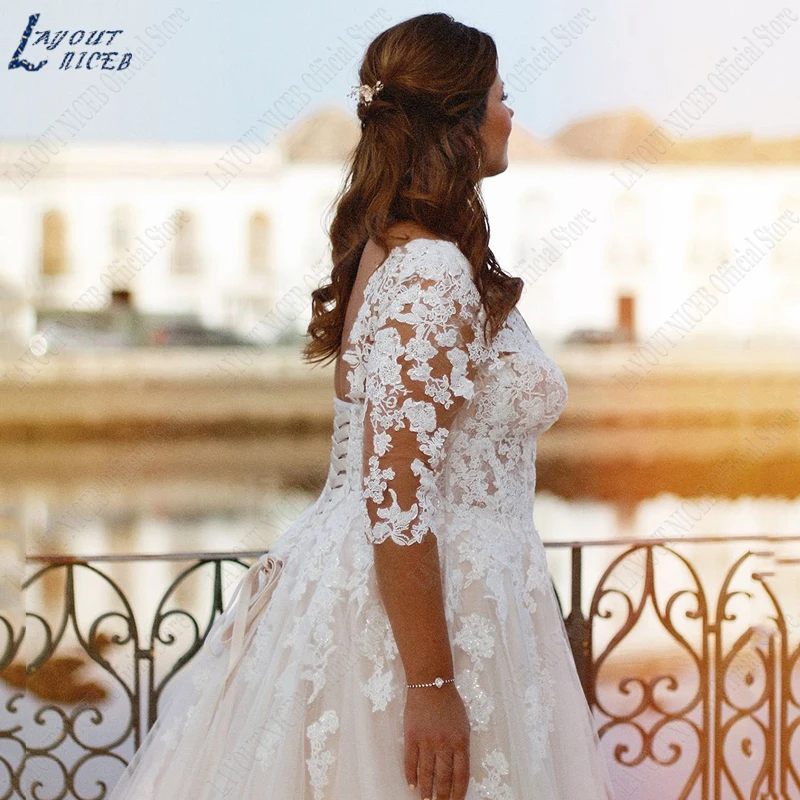 LAYOUT NICEB Plus Size Woman Wedding Dresses Classic Lace Up Backless Bridal Gowns Appliques Half Sleeves Vestidos De Noiva 2024 3
