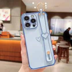 Elegant Love Heart Silicone Case with Wrist Strap - Fashion Plating Design and Soft Protective Cover - iPhone 14 Pro Max (Blue)