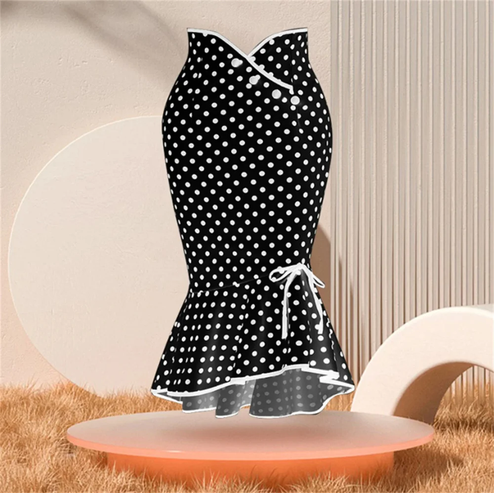 2025 Midi Skirt Womens Ruffles Bodycon Fishtail Skirt Retro Polka Dot Casual Party Pencil Skirt Midi Wrap Skirt Plus Size Skirts 2