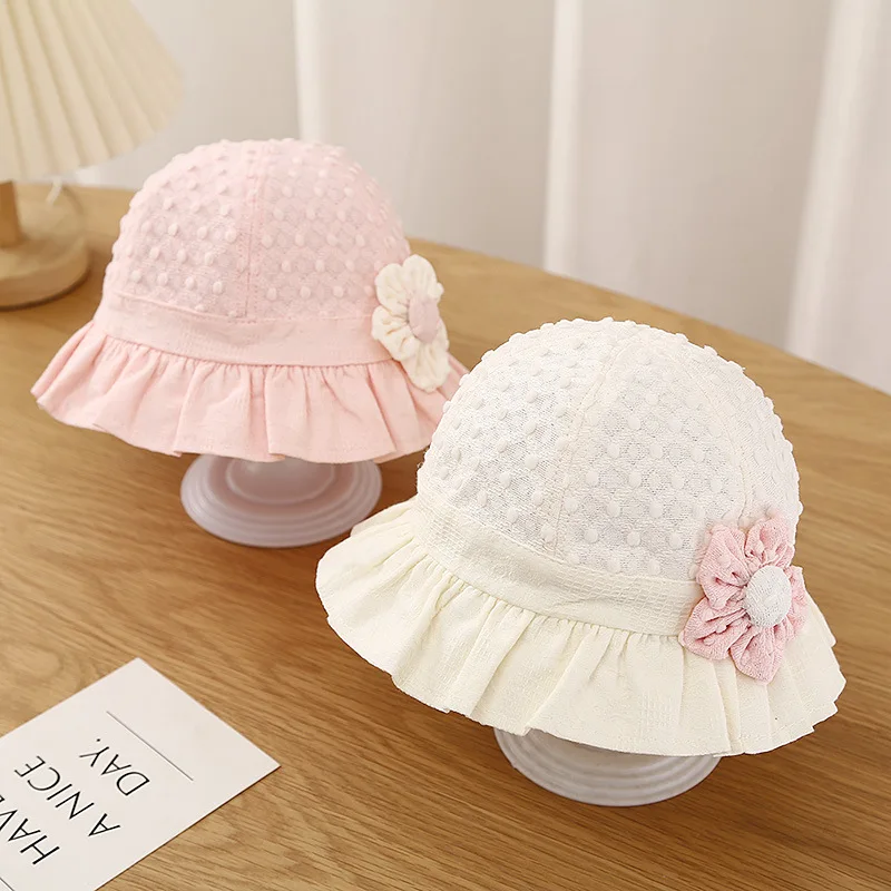 Sweet Cute Baby Bucket Hat Lace Ruffle Flower Toddler Girls Sun Hats For Kids Solid Color Cotton Fisherman Cap_voghion.com
