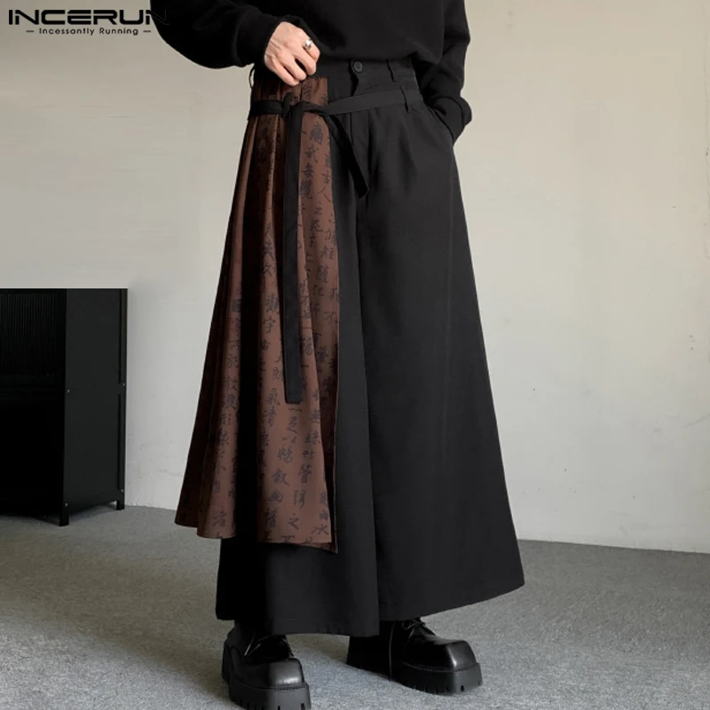 

Chinese Style Men's Pantalons Chinese Character Stitching Fake Two-piece Trousers Loose Wide Leg Skirt Pants S-5XL INCERUN 2023