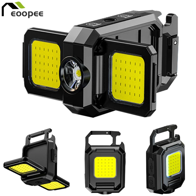 LED Flashlights Mini Flashlight Camping Light Rechargeable Keychain COB Work Lights with 90&deg; Foldable Side Lights
