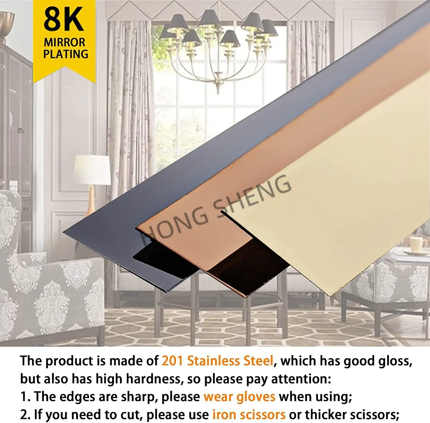 Wall sticker 5Meter 8K mirror titanium gold stainless steel flat decorative line living room background wall ceiling edge strip