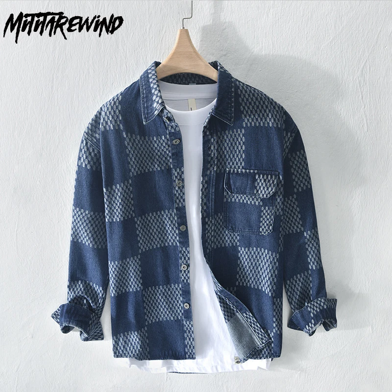 

Fashion Denim Shirt Long Sleeve Men Youth Streetwear Jean Top Japanese Casual Cargo Shirts Contrast Color Plaid Loose Shirt New