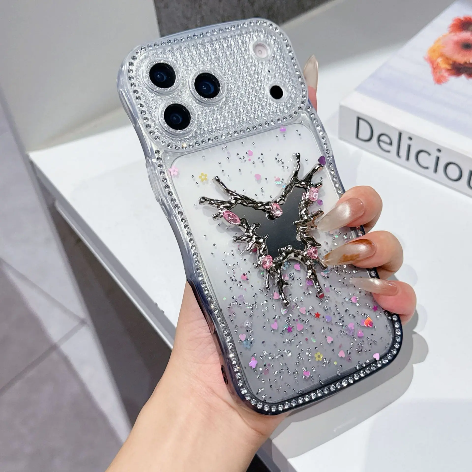 Butterfly Makeup Mirror Sparkling Diamond Case with Bracelet and Mirror Film