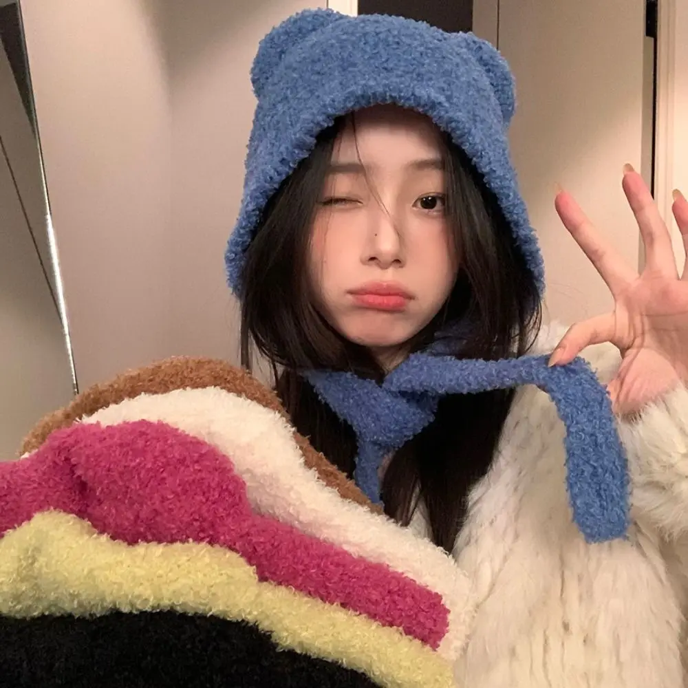 

Вязаная шапка Y2K, Милая зимняя шапка с длинным ремешком для защиты ушей, осенняя японская нишевая шапка в стиле хип-хоп для девочек