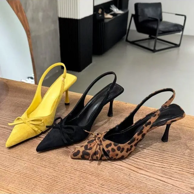 Women's Kitten Heels Slingbacks Sandals Leopard Genuine Leather Pointed Toe Party Wedding Shoes Woman Quality Pumps Bow