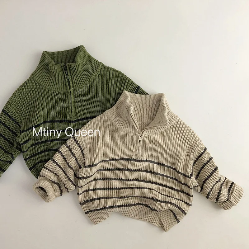 

2023 Autumn New Children Long Sleeve Casual Striped Sweater Thick Warm Baby Knit Sweater Pullover Boys Girls Tops Kids Clothes
