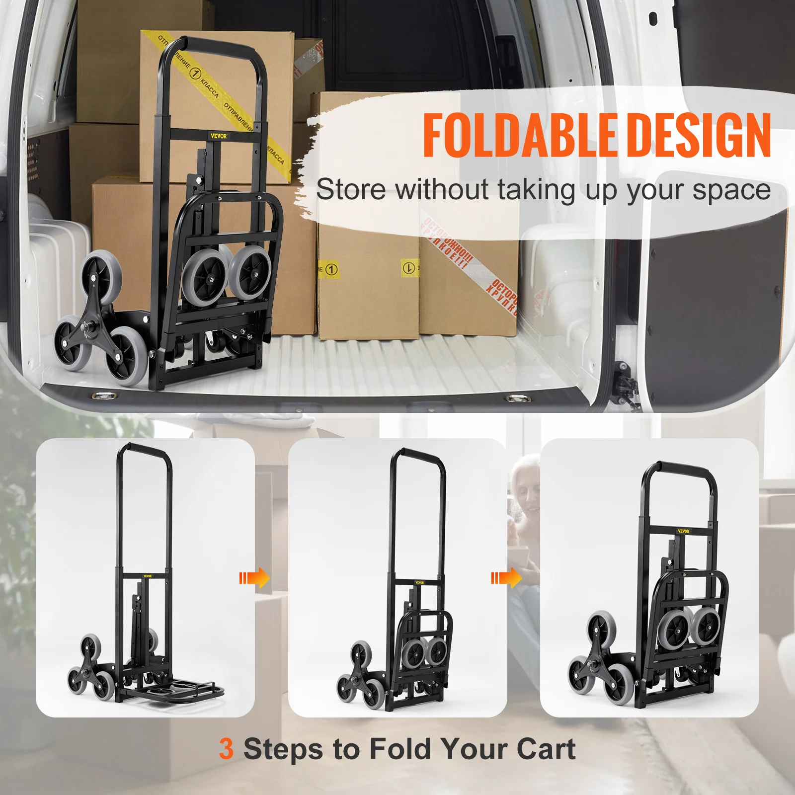 375lbs Stair Climbing Cart Foldable Dolly with Adjustable Handle Hand Truck 10 Wheels All Terrain Cart for Transport Goods portable hand cart