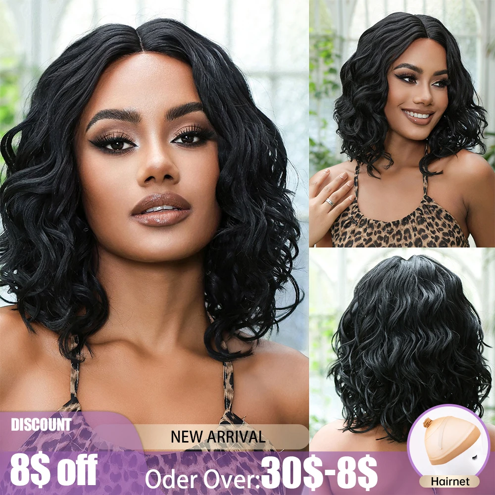 

Short Wavy Lace Front Synthetic Wigs Dark Black Curly Wave Bob 13X1 Transparent Lace Wig Glueless for Brazilian Women Afro Daily