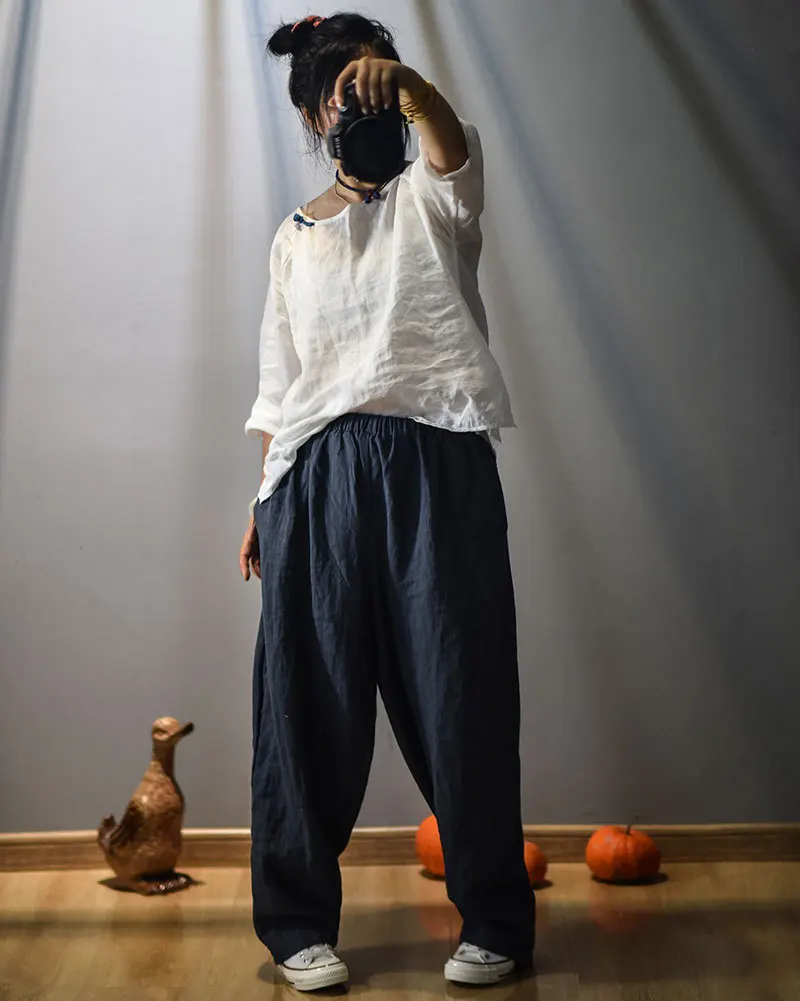 Full Length Retro Elastic Waist Cotton Linen Wide Leg Pants 2022 Spring New Loose Vintage All-match Women Pants RV713 cargo capris