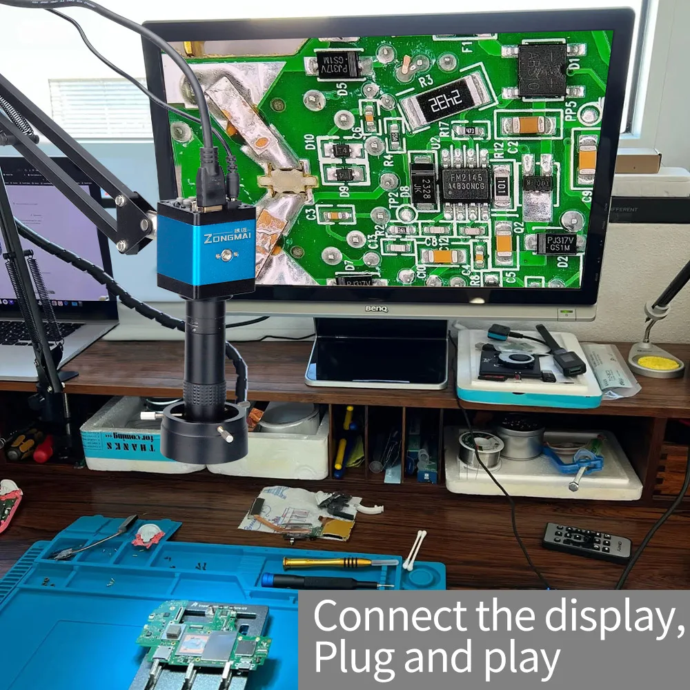 줌 150X 풀 HD 카메라 VGA/HDMI 포트 산업용 현미경 PCB 납땜 전화 수리를위한 조정 가능한 금속 암 스탠드 브래킷