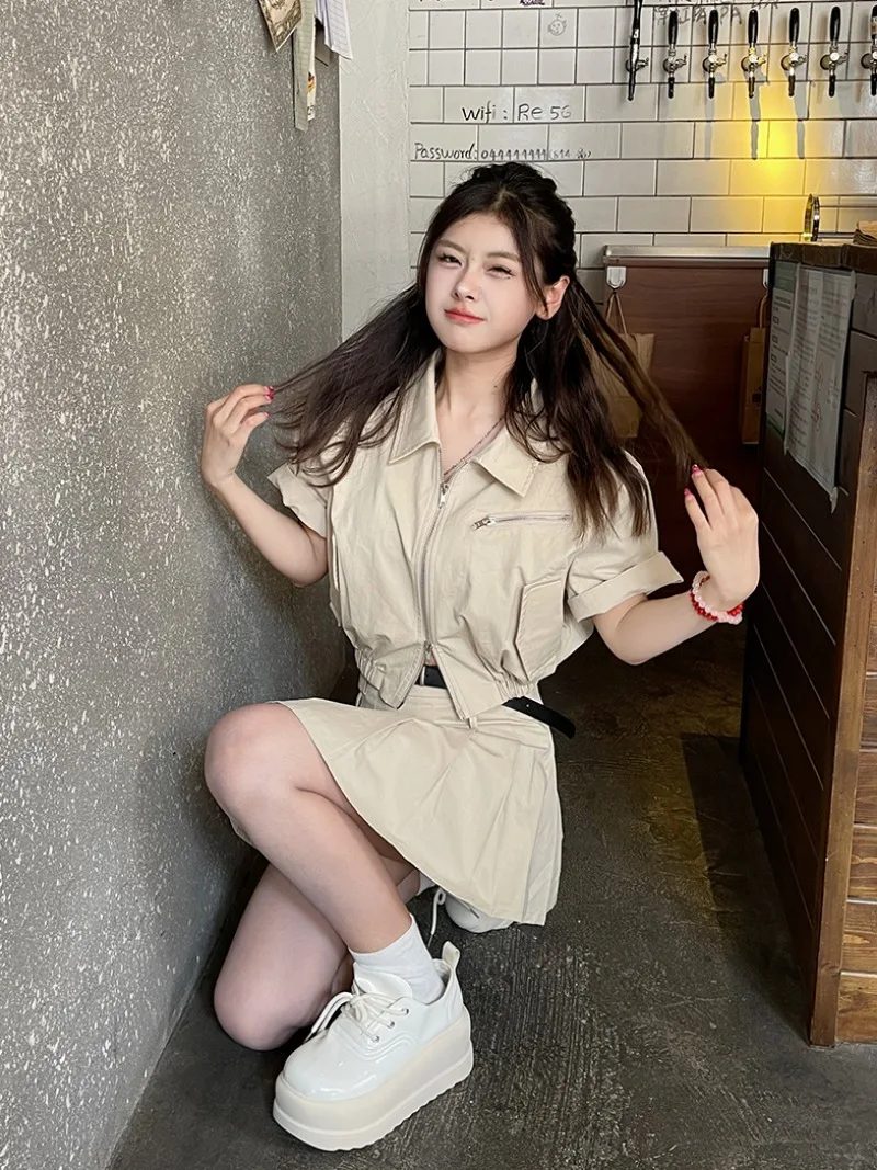 

Spicy Girl Work Shirt Pleated Skirt Two-piece Set Women American Polo Collar Double Zipper Waist Fashion Solid Slim Summer Suit