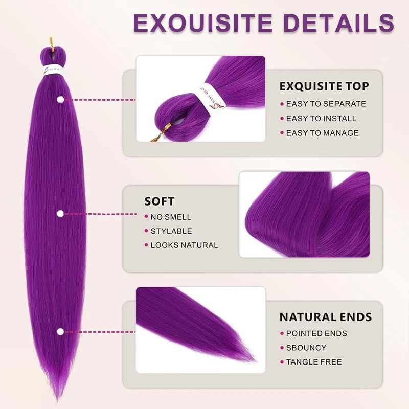 Purple Braiding Hair 30 Inch Pre Stretched Hair Long Straight Crochet Braids Yaki Texture Synthetic Fiber 3 Packs (Dark Purple)