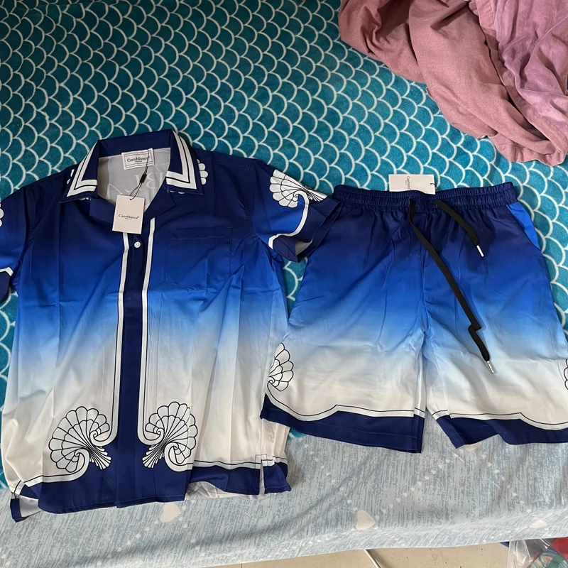 

Dropshipping Casablanca Shirts Set Pearl Holiday Suitcase Print Short Sleeves Cardigan Blue Loose Men Women Hawaiian Shirt