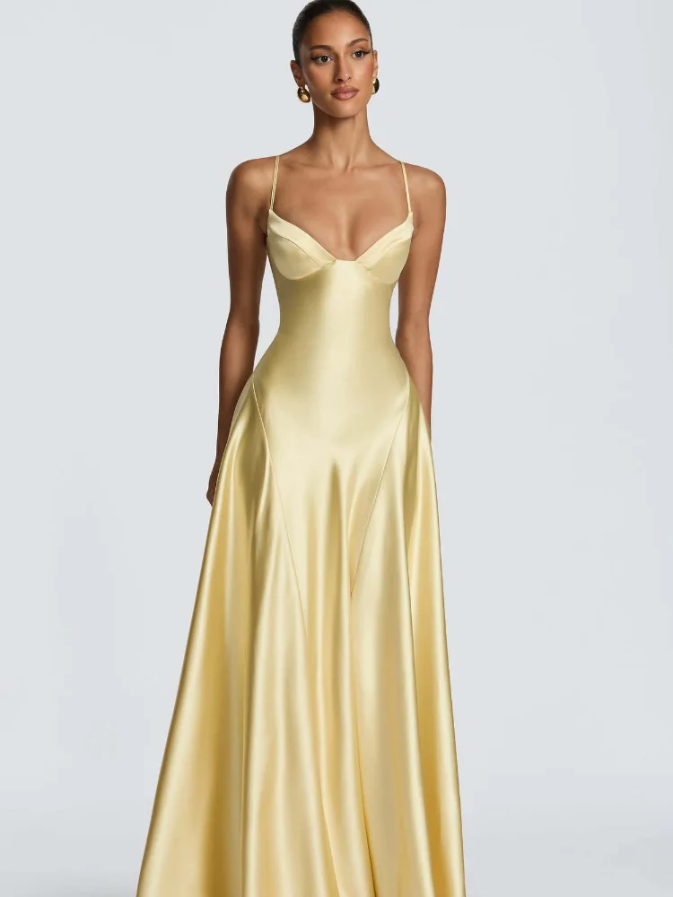 Elegant Satin Bustier Maxi Dress Women Yellow Spaghetti Strap V Neck A-line Dresses Summer Lady Evening Formal Vestidos New 2026