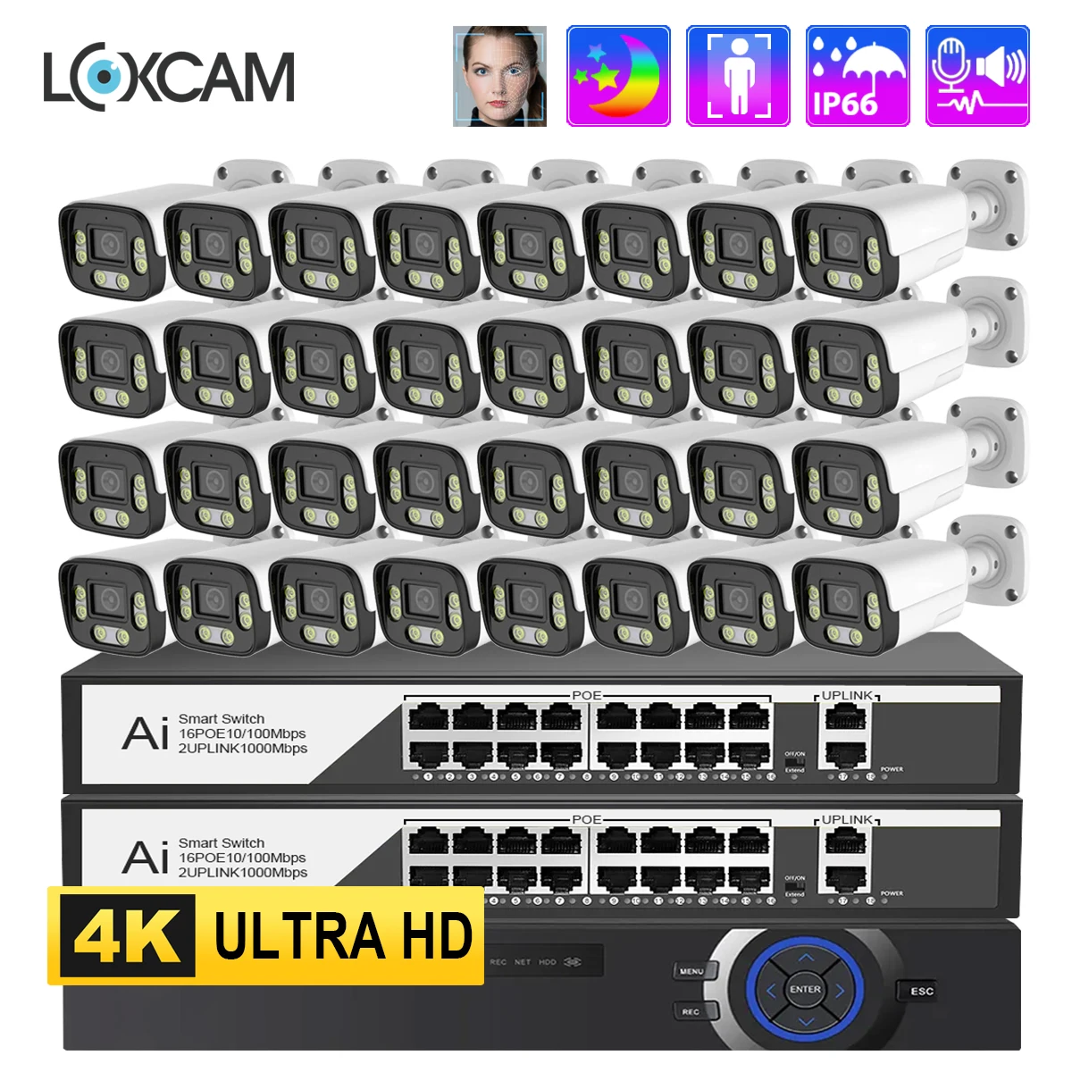 

LOXCAM 32CH 4K POE NVR Kit CCTV Camera Security System 8MP 4MP Outdoor Face Human Detect Two Way Aduio Video Surveillance Set
