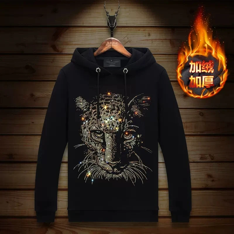 

2024 Men Hoodies Sweatshirts Cheetah Rhinestones Fashion Streetwear Pullover Hooded Hoodie Thick Mens Winter Clothes Sweat Homme