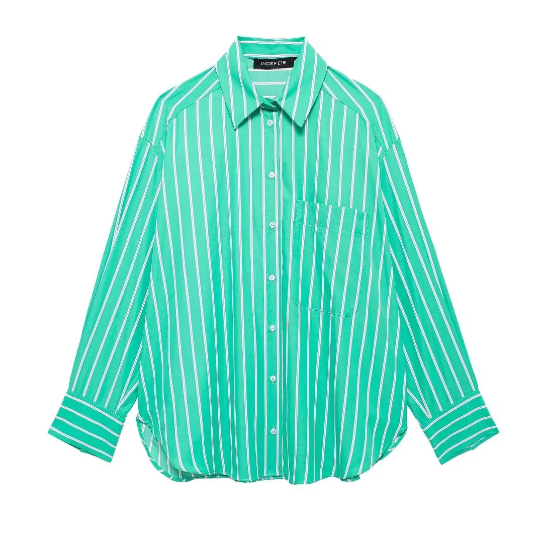 thumbnail image 1 of HH TRAF Blusa elegante de verano para mujer, a rayas, manga larga, botones, bolsillo, botonadura sencilla, cuello vuelto, blusa de calle para mujer, 1 of 4