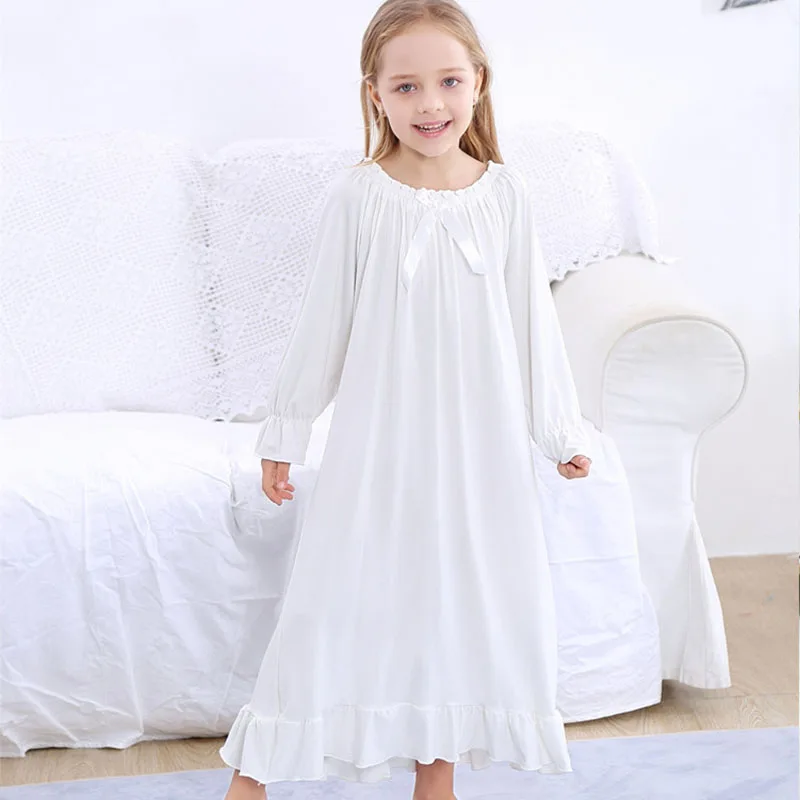 Camicia da notte bianca per ragazze in finta seta a maniche lunghe tipo Princess Vestidos De Noche pigiama per bambina traspirante e delicato sulla pelle