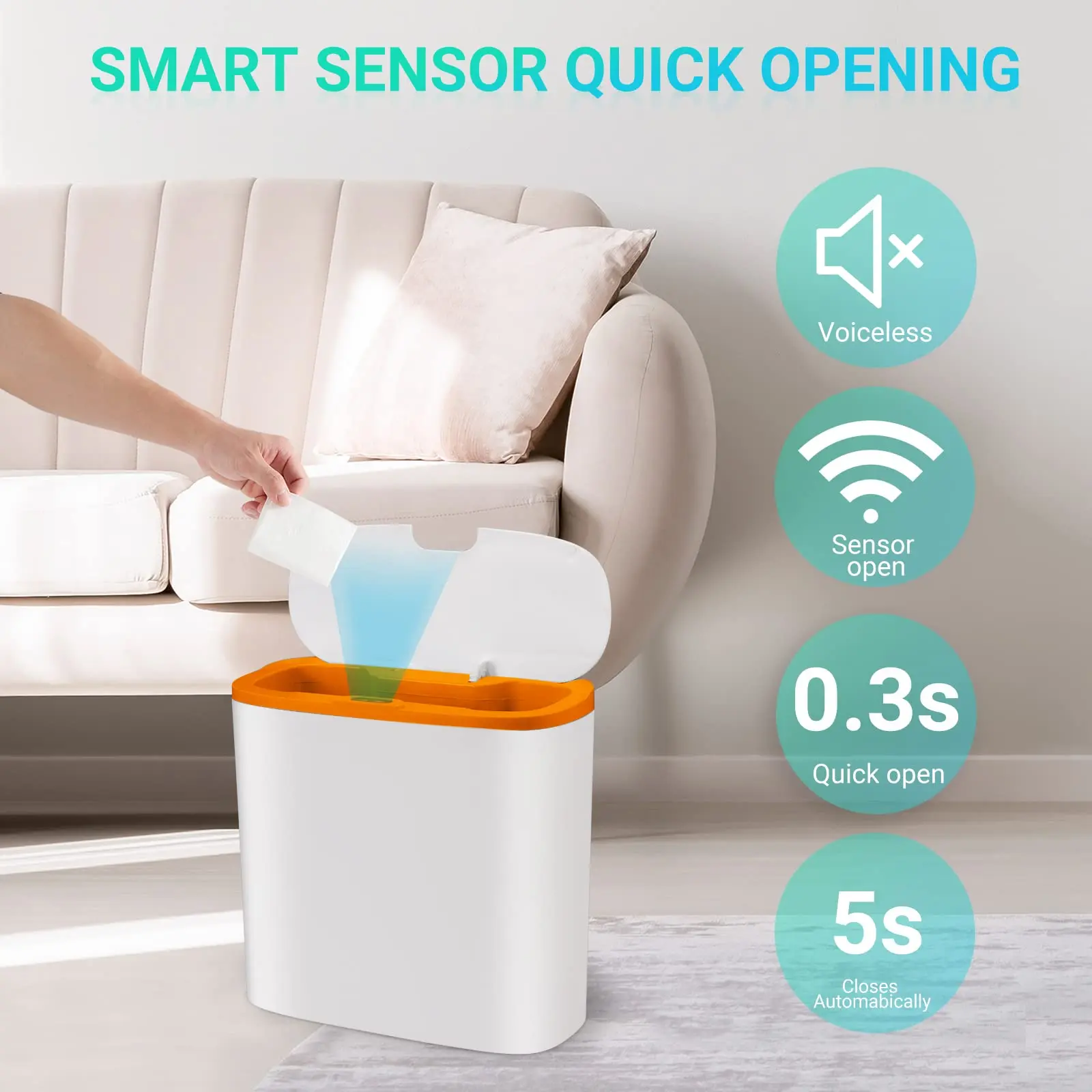 Touchless Motion Sensor Trash Can - Automatic Waterproof Slim Garbage Bin for Bathroom and Kitchen