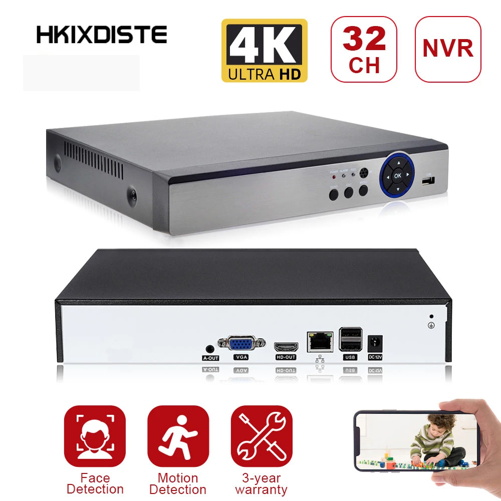 HKIXDISTE New H.265 Max 4K Output CCTV NVR 32CH 8MP Security Video Recorder Motion Detection P2P CCTV NVR Face Detection