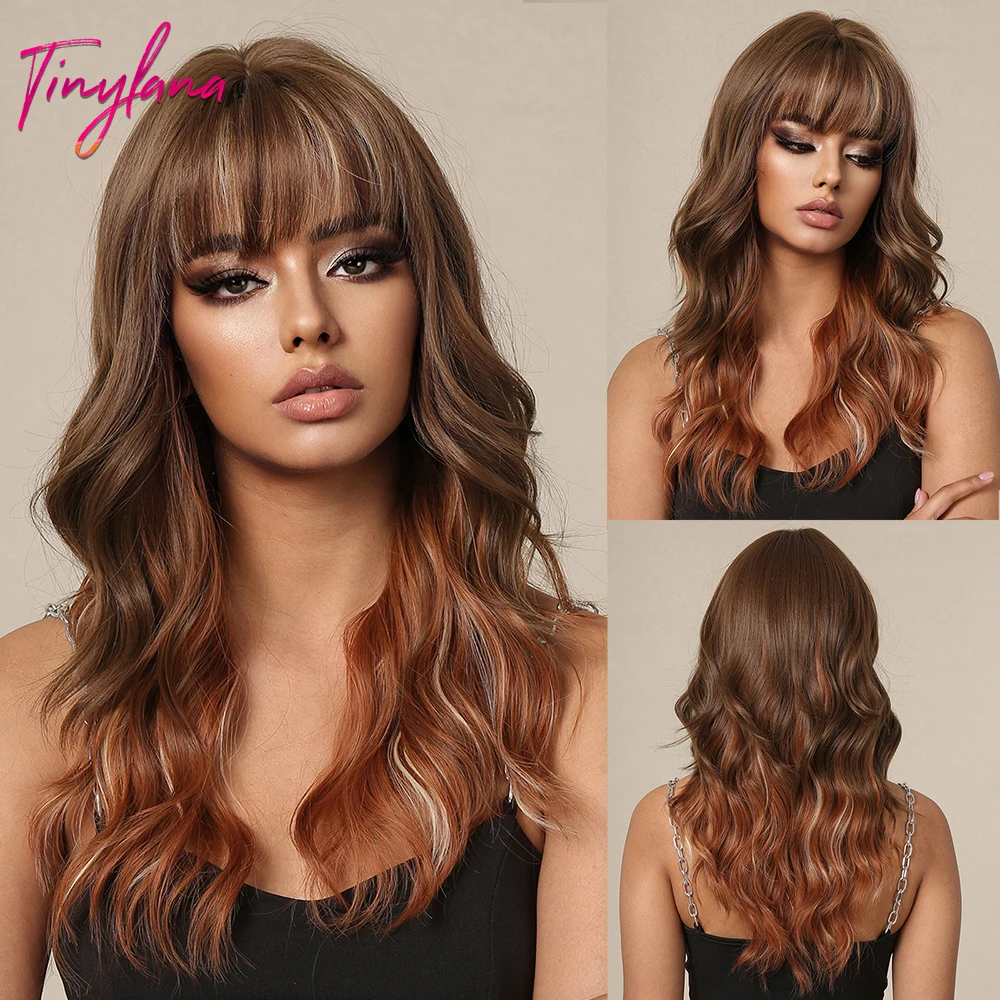 

Brown Ombre Highlight Synthetic Wig Mid-Length Colorful Cosplay Wavy Wigs with Bangs for Women Afro Halloween HeatResistant Hair