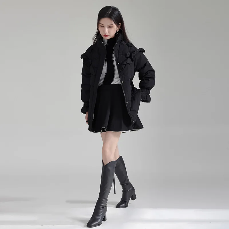 Fungus Edge Down Jacket for Women 2023 Winter White Duck Coats Stand Collar Floral Design Short Clothing Warm Thick Tops Parkas