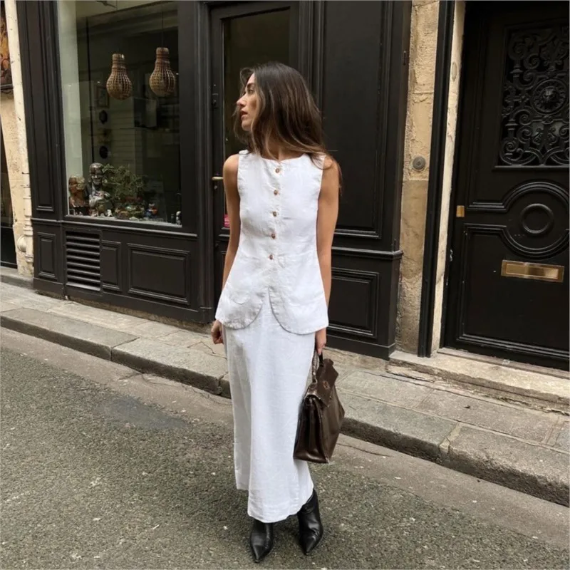 New Elegant White Vest Skirt Sets Women Square Collar Top Straight High Waist Skirts Set 2024 Summer Lady Outfit Two Piece Sets