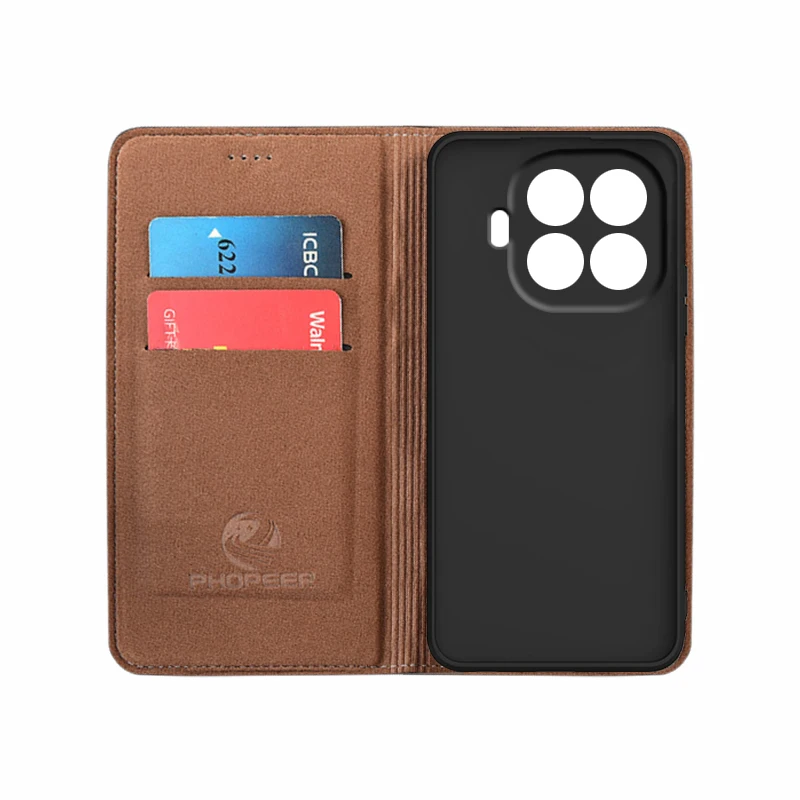 Genuine Leather Magnetic Flip Case with Card Pocket and Cowhide Grid Pattern