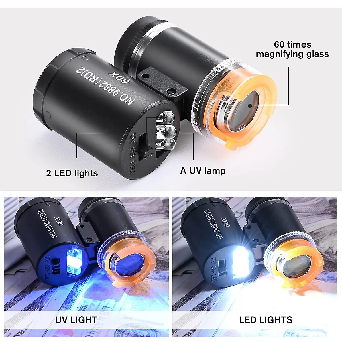 Mini Magnifier Pocket Microscope Jewelry Magnifying Glass Jewelers Eye Loupe 60X with LED UV Light For Diamond Coins Currency