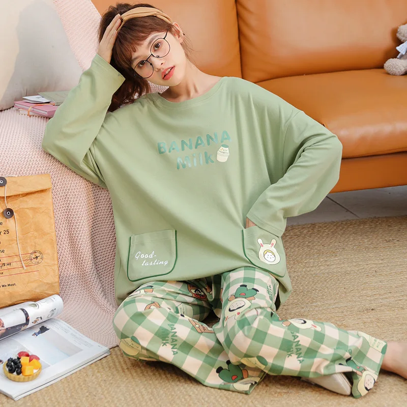 Autumn Spring New Korean Kawaii Pajama Set for Women Pajamas Cotton Long Sleeve Pijamas Fashion Sleepwear Plus Size 2XL Loose
