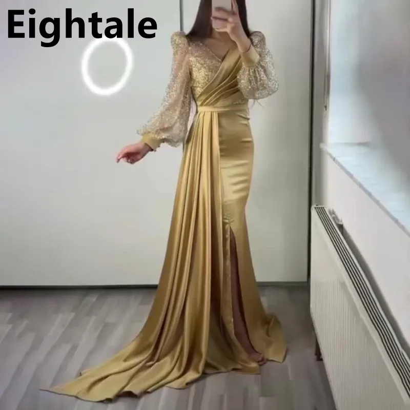 Eightale Evening Dress Wedding Party V Neck Gold Glitter Long Puffy Sleeves  Mermaid Satin Arabic Celebrity Prom Gown Customized - AliExpress 320