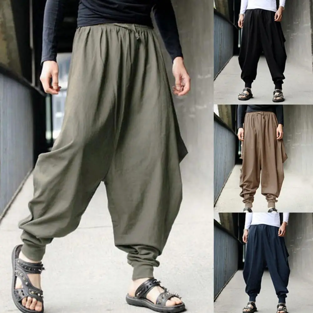 Men Harem Baggy Pants Men Hakama Linen Casual Wide Leg Mens Pants