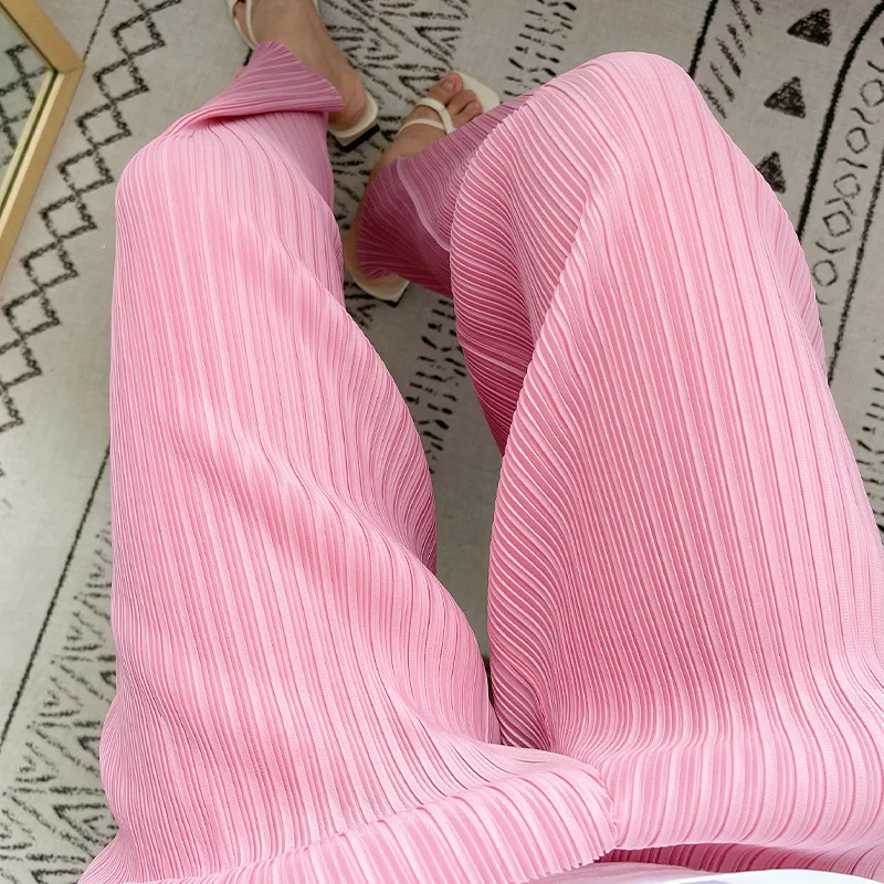 Miyake Pleated Casual Straight Women Pants 2023 Spring Summer New Cherry Blossom Korean Fashion Cropped Designer Pink Trousers