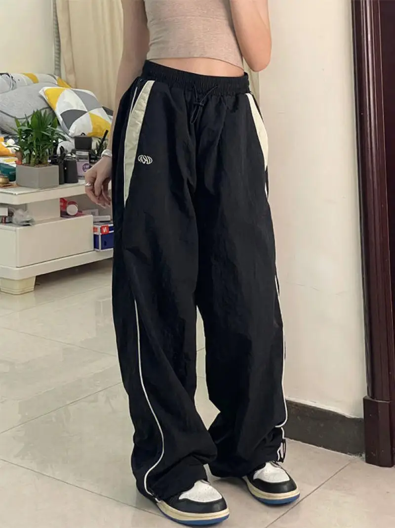 

Street Casual Drawstring Pants Hip-Hop Elastic Waist Splicing Sweatpants High Waist Loose Straight Wide Leg Pants