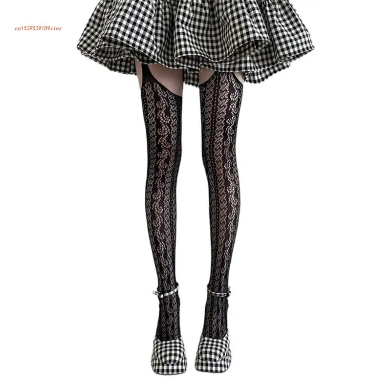 

Women Star Patterned Fishnet Thigh High Pantyhose Stockings Attached Garter Belt