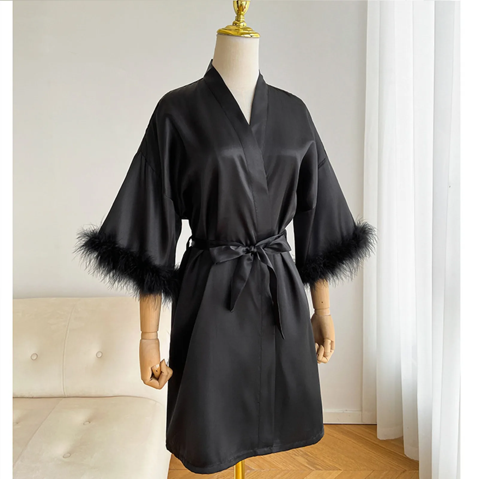 White Boudoir Wedding Floor Length Maxi Dressing Gown Robes Feather Long Robe Stain Silk Lingerie Bride Hen Party Dress Nightgow