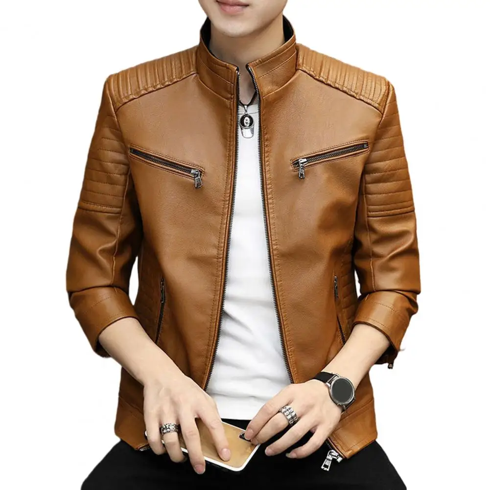 

Men Jacket Stand Collar Vintage Biker Coat Spring Autumn for Outdoor jaqueta masculina