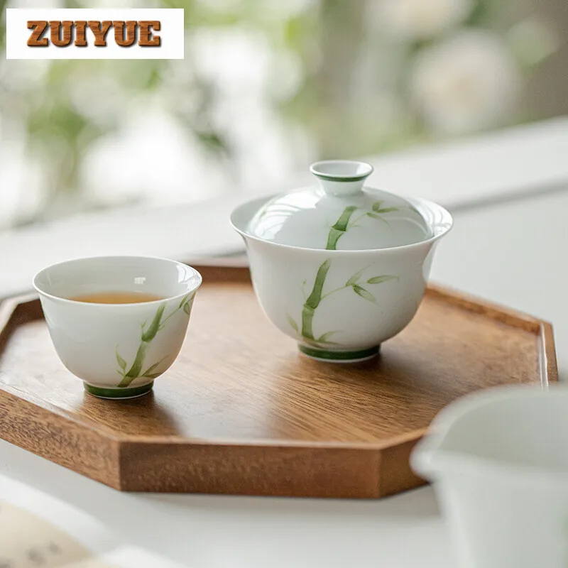130ml Jade Mud Handmade Cover Bowl Household Hand-painted Green Bamboo Gaiwan Luxury Anti Scald Tea Tureen Tea Making Craft Gift