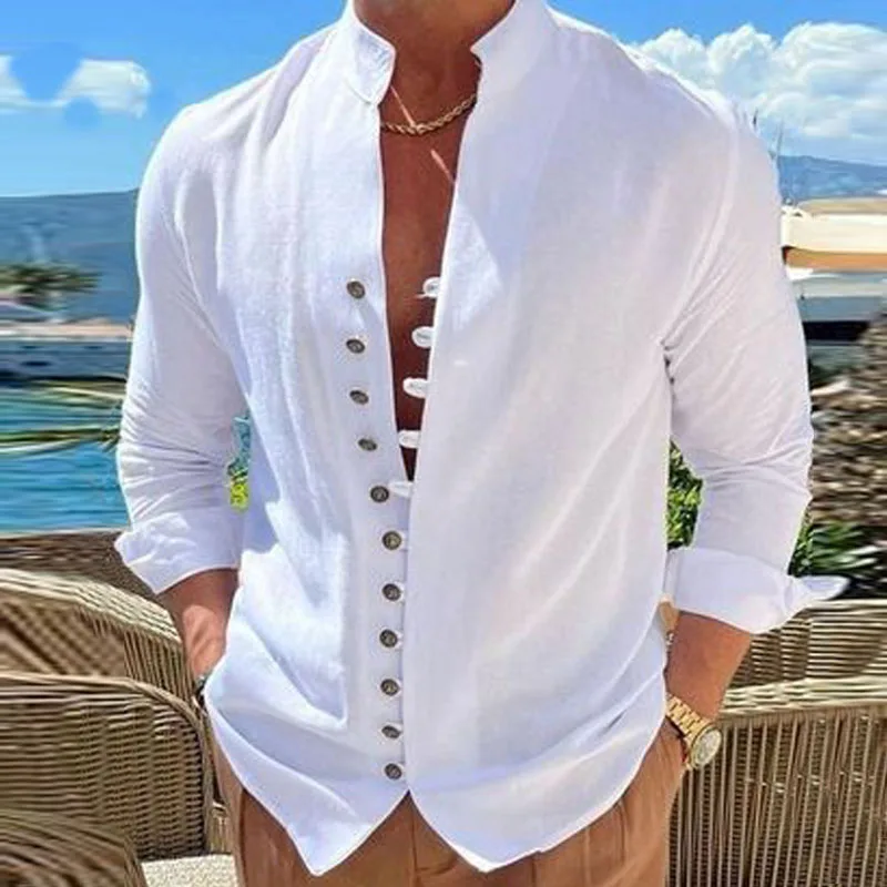 

Мужская хлопковая рубашка с воротником-стойкой, Однотонная рубашка с воротником-стойкой, на пуговицах, Классический крой, рабочая одежда