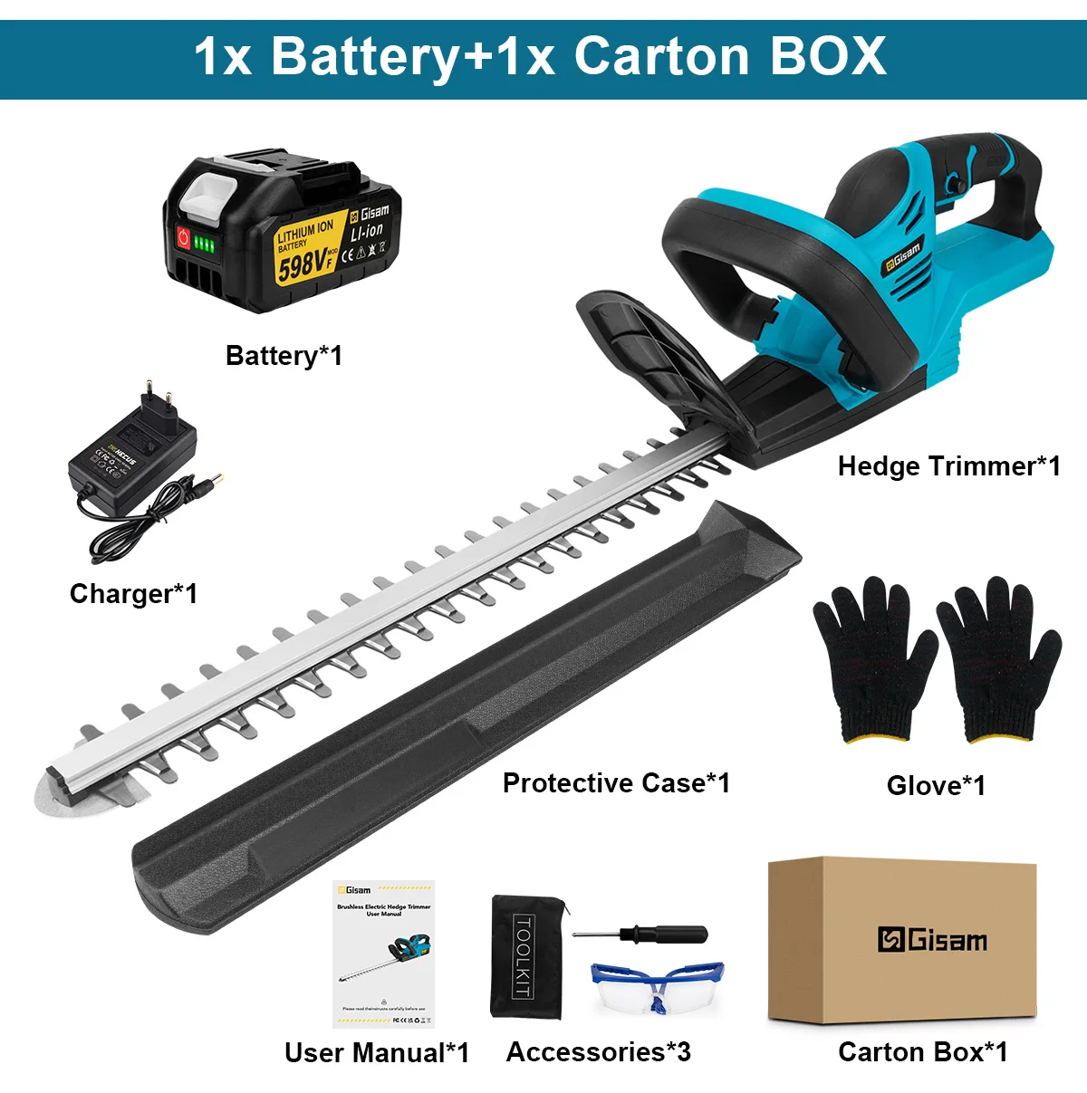 Gisam 2000W Brushless Electric Hedge Trimmer Cordl...