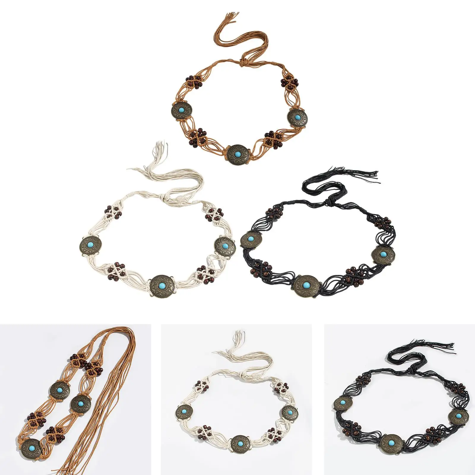 Vintage Chain Belt with Knots and Inlays Bohemian Woven Waist Belt for Parties